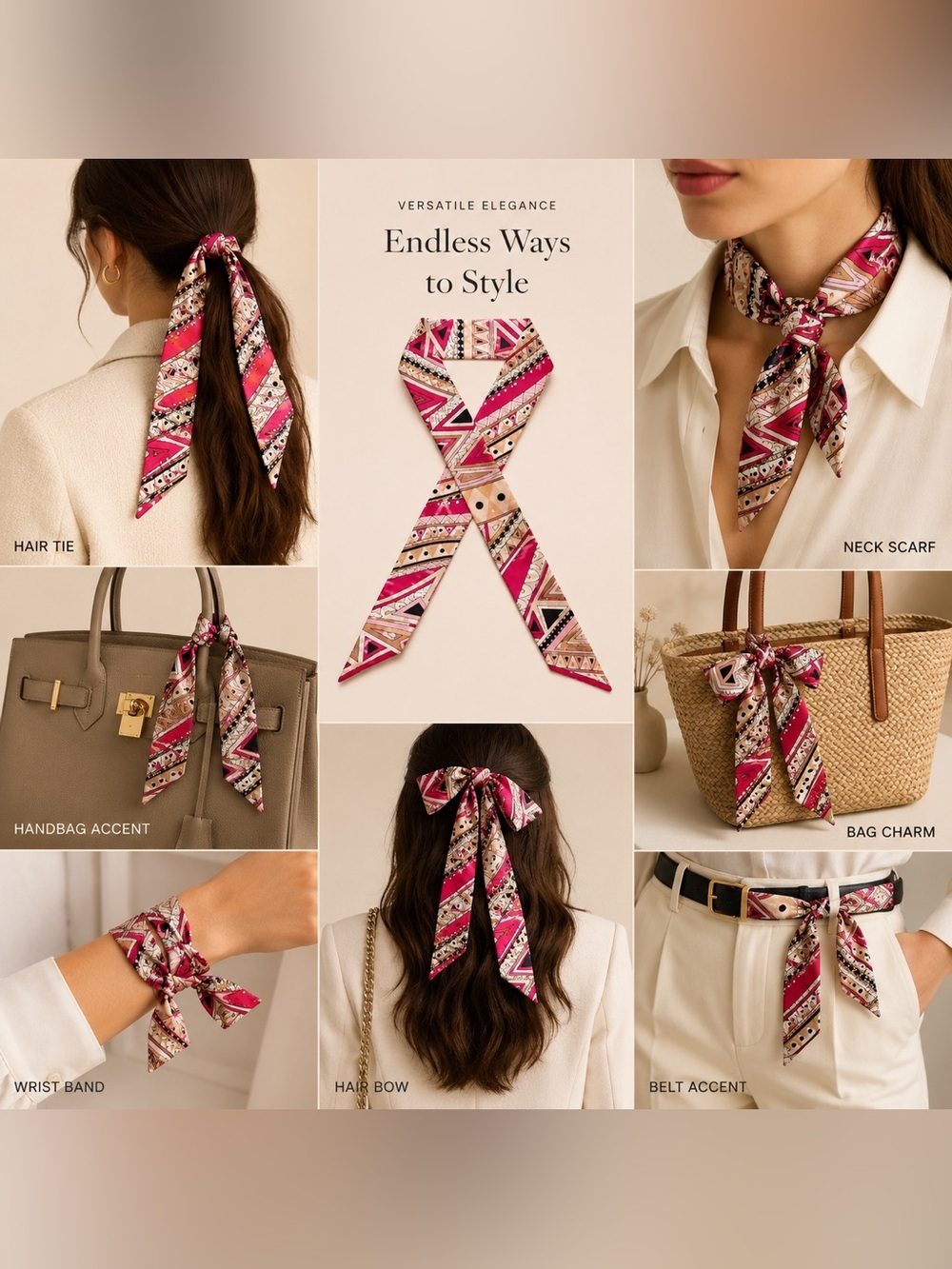Luxury Silk Scarf Hair Tie Geometric Print Pink Beige Designer Accessory